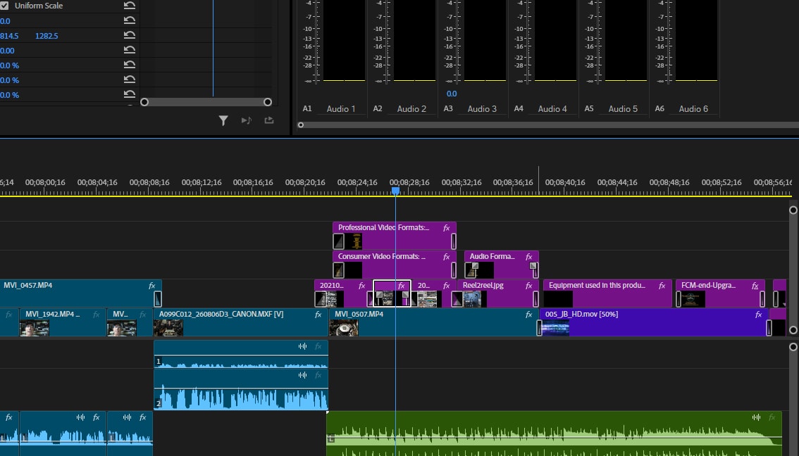 Adobe Premiere Pro editing timeline with multiple audio and video tracks